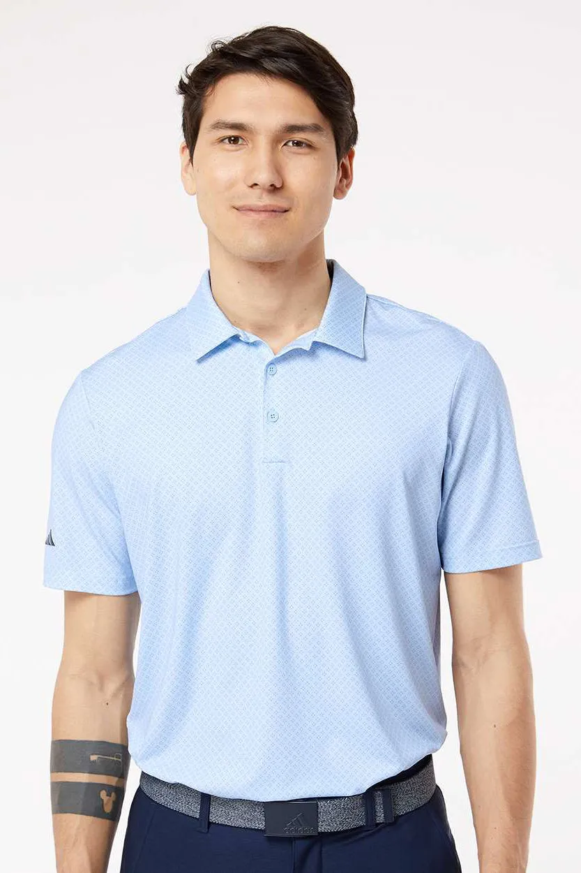 Adidas Mens Diamond Dot Moisture Wicking Short Sleeve Polo Shirt - Glow Blue/White/Navy Blue - NEW