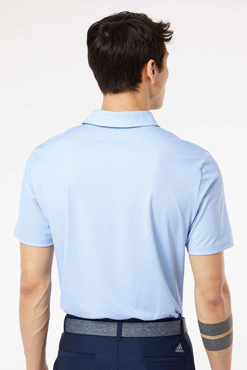 Adidas Mens Diamond Dot Moisture Wicking Short Sleeve Polo Shirt - Glow Blue/White/Navy Blue - NEW