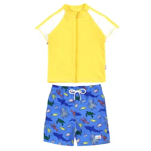 Boys Short Sleeve Zipper Rash Guard and Swim Trunk Set | "Sea Animal”