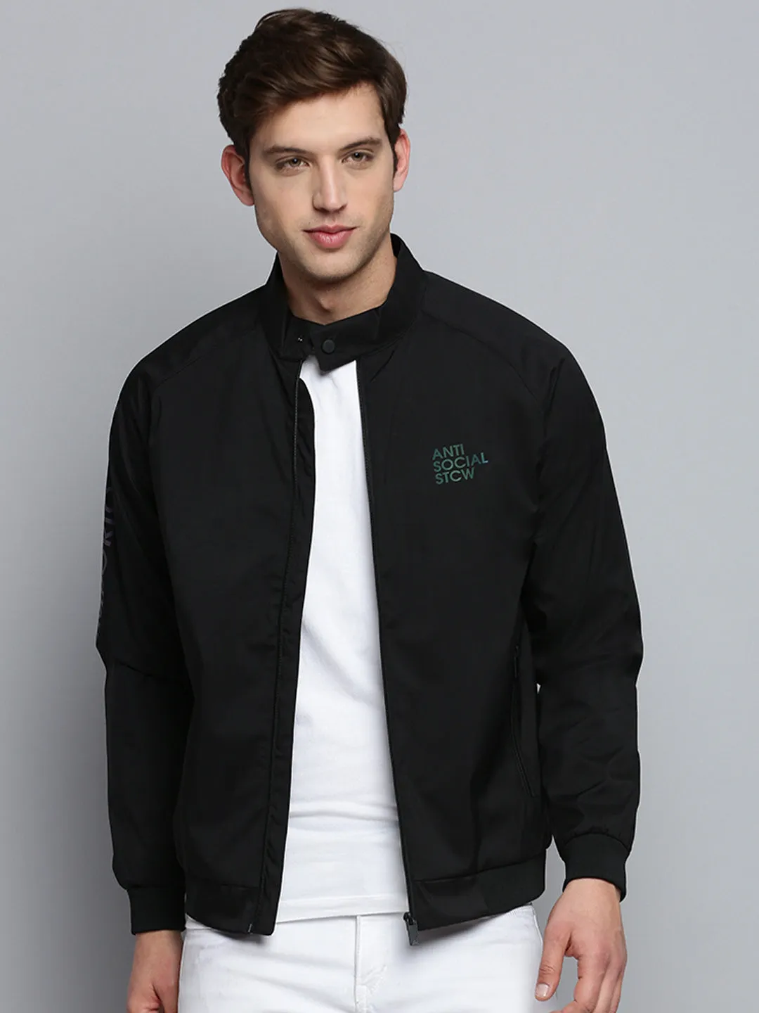 Men Black Mock Collar Water Resistant Bomber Jacket