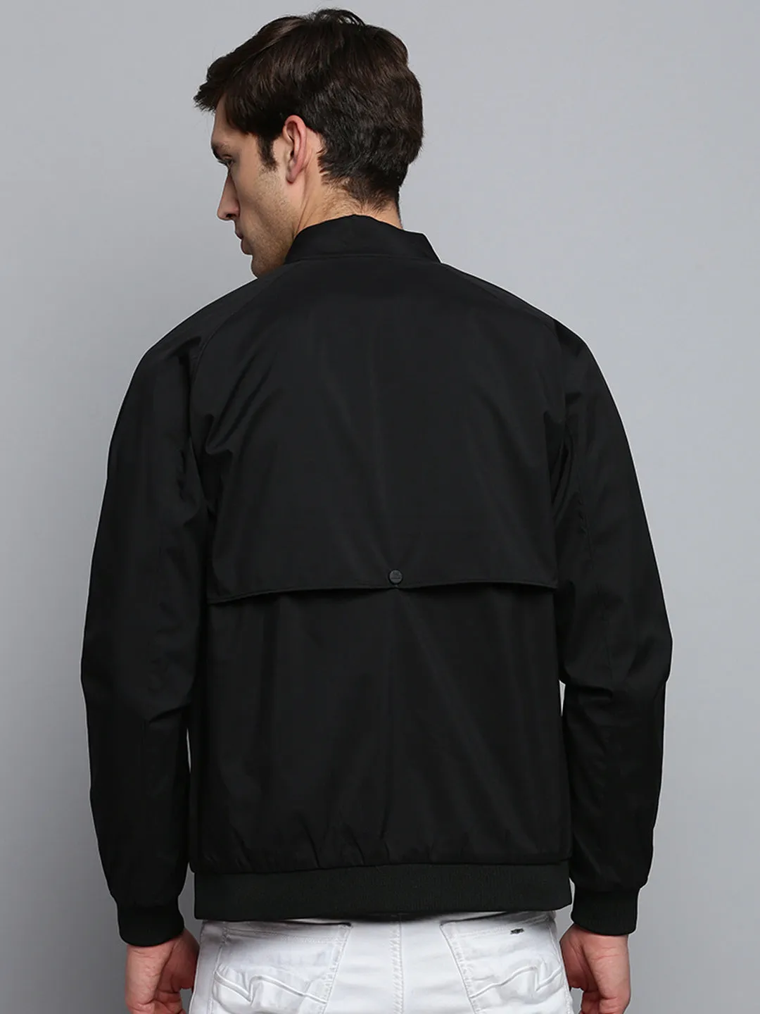 Men Black Mock Collar Water Resistant Bomber Jacket