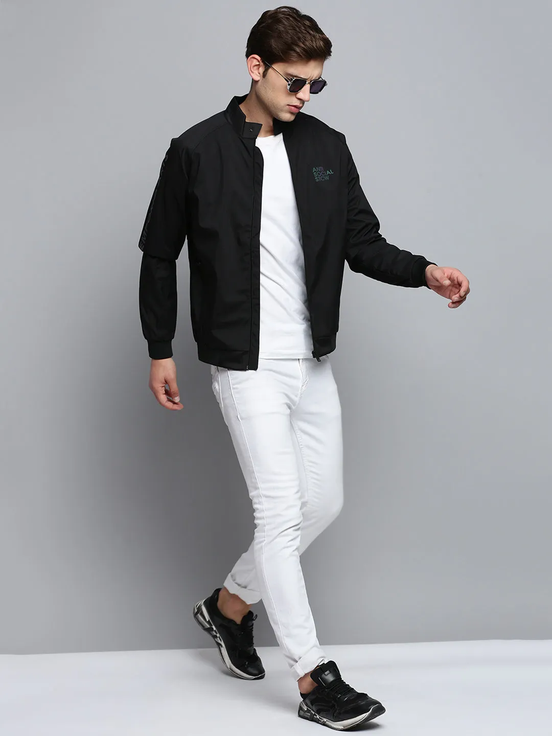 Men Black Mock Collar Water Resistant Bomber Jacket