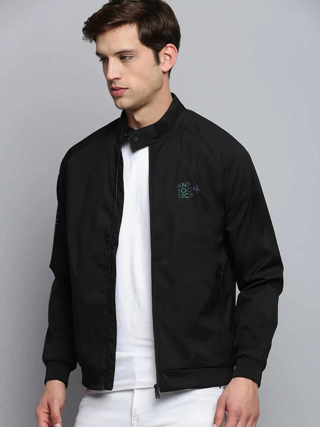 Men Black Mock Collar Water Resistant Bomber Jacket