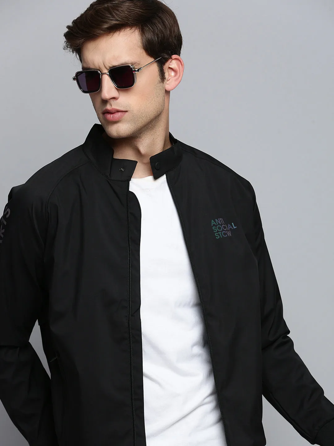 Men Black Mock Collar Water Resistant Bomber Jacket