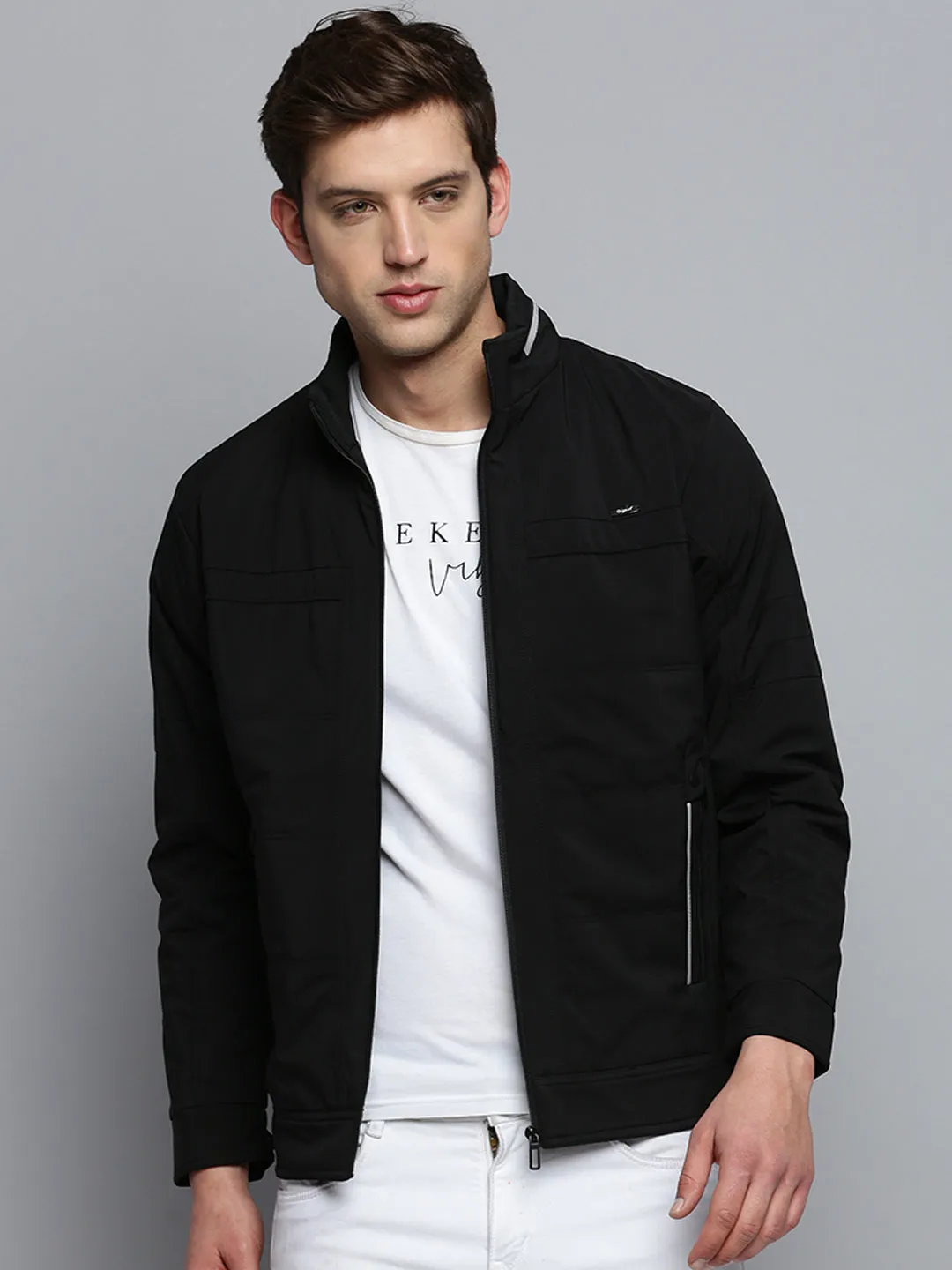 Men Black Stand Collar Water Resistant Bomber Jacket