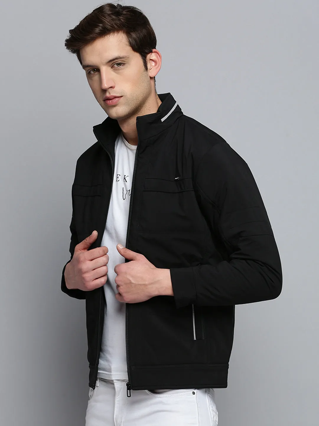 Men Black Stand Collar Water Resistant Bomber Jacket