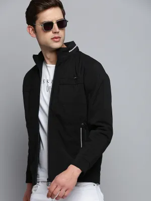 Men Black Stand Collar Water Resistant Bomber Jacket