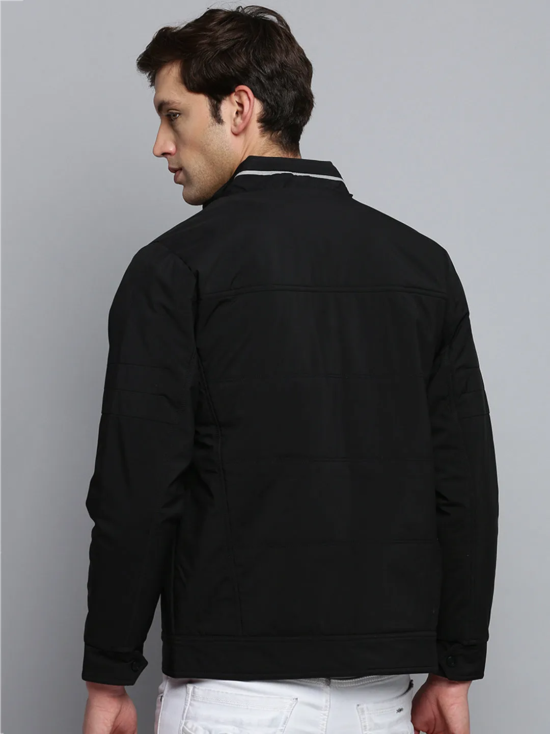 Men Black Stand Collar Water Resistant Bomber Jacket