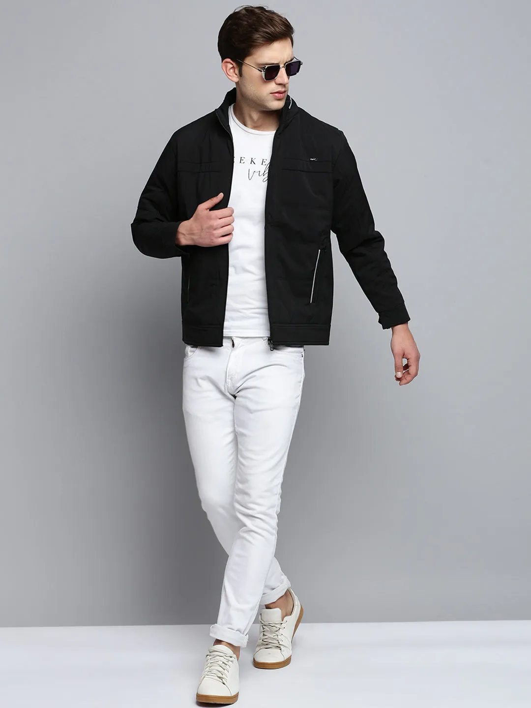 Men Black Stand Collar Water Resistant Bomber Jacket