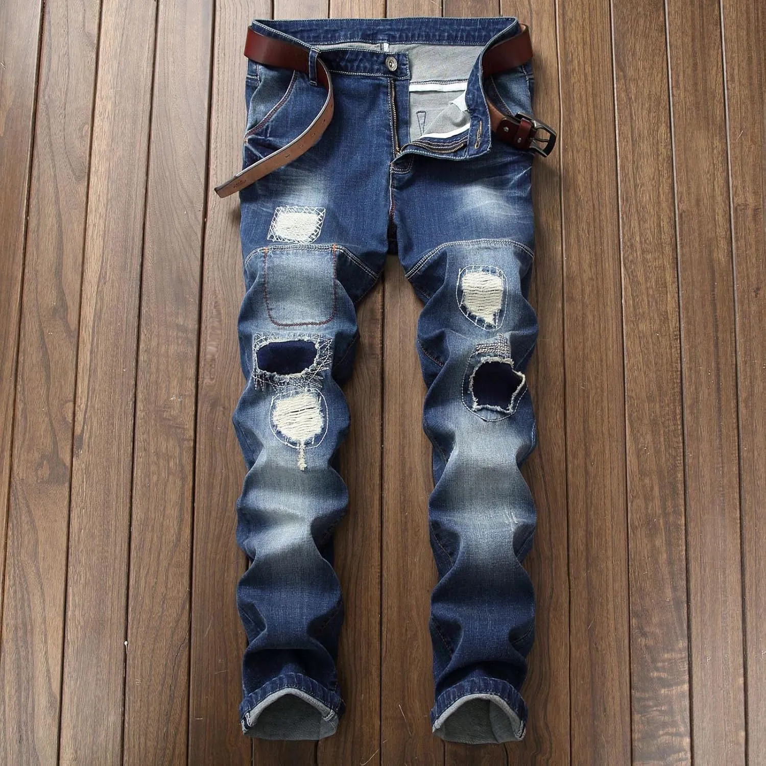 Mens Ripped Jeans Slim Fit Straight Leg Denim Pants Distressed Destroyed Boyfriend Jeans with Pockets