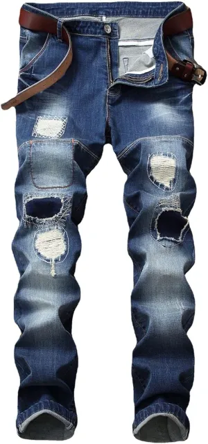 Mens Ripped Jeans Slim Fit Straight Leg Denim Pants Distressed Destroyed Boyfriend Jeans with Pockets