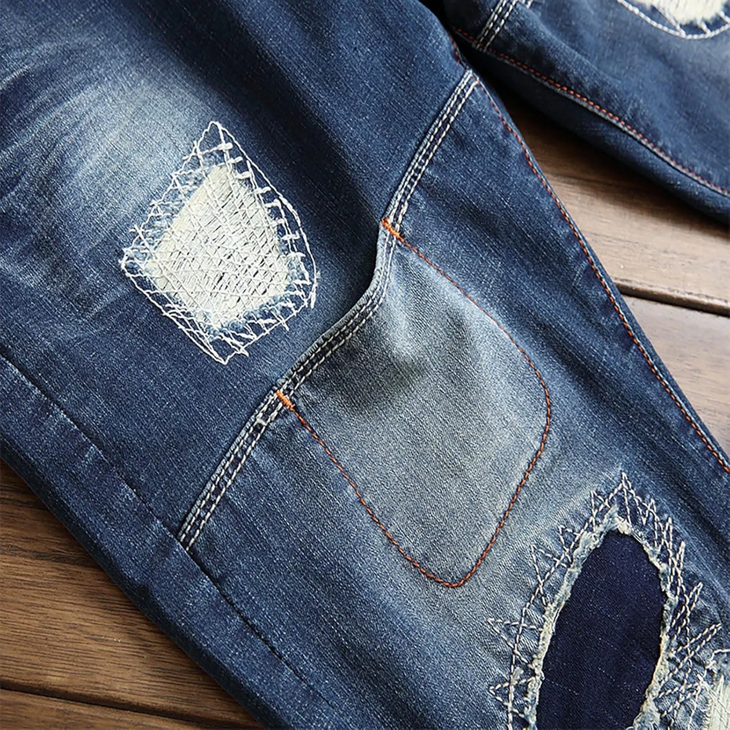 Mens Ripped Jeans Slim Fit Straight Leg Denim Pants Distressed Destroyed Boyfriend Jeans with Pockets