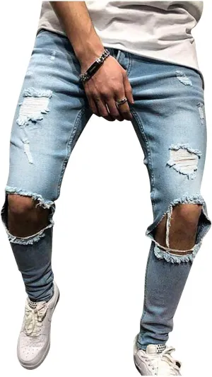 Men's Skinny Denim Pants Slim-fit Ripped Tapered Biker Jeans Pants Distressed Destroyed Slim Fit Ripped Holes Jean