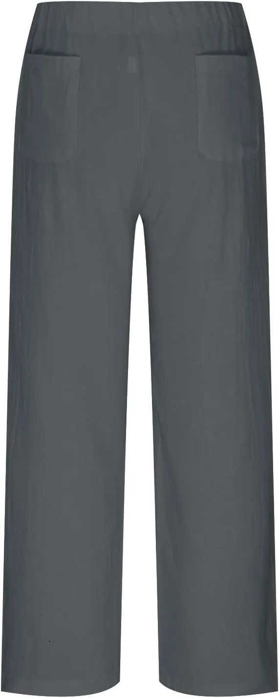 Straight Leg Cotton Linen Pants for Women Versatile Solid Color Relaxed Fit Elastic Waist Trousers Summer Casual