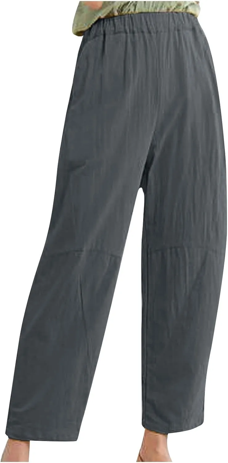 Straight Leg Cotton Linen Pants for Women Versatile Solid Color Relaxed Fit Elastic Waist Trousers Summer Casual