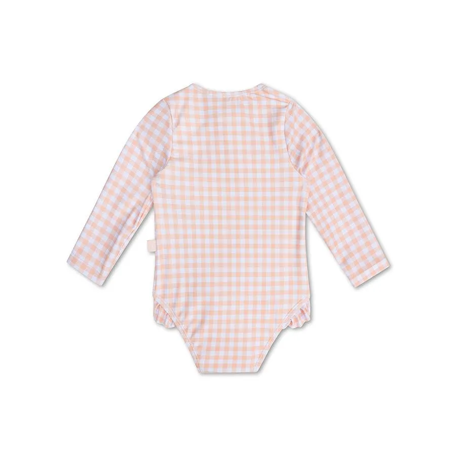 Sunset Grid | Girls UV Swimsuit with long sleeves in Orange/White