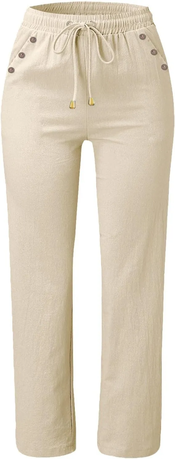 Womens Linen Pants Drawstring High Waisted Relaxed Fit Dress Pants Comfy Straight Leg Work Pants with Pockets