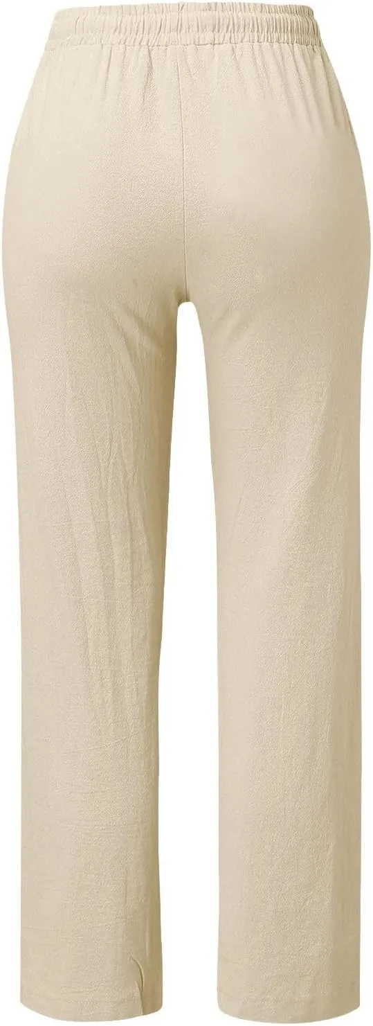 Womens Linen Pants Drawstring High Waisted Relaxed Fit Dress Pants Comfy Straight Leg Work Pants with Pockets