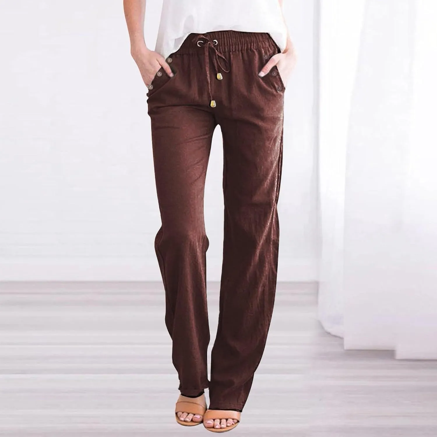 Womens Linen Pants Drawstring High Waisted Relaxed Fit Dress Pants Comfy Straight Leg Work Pants with Pockets