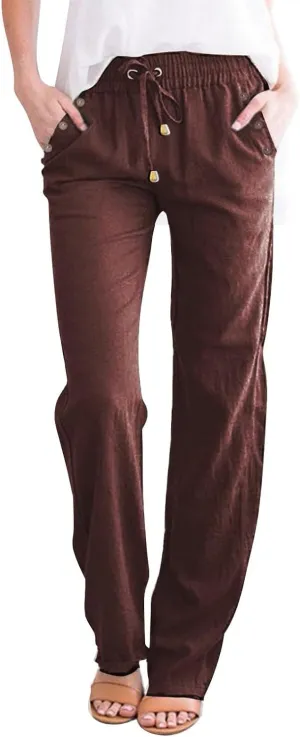 Womens Linen Pants Drawstring High Waisted Relaxed Fit Dress Pants Comfy Straight Leg Work Pants with Pockets