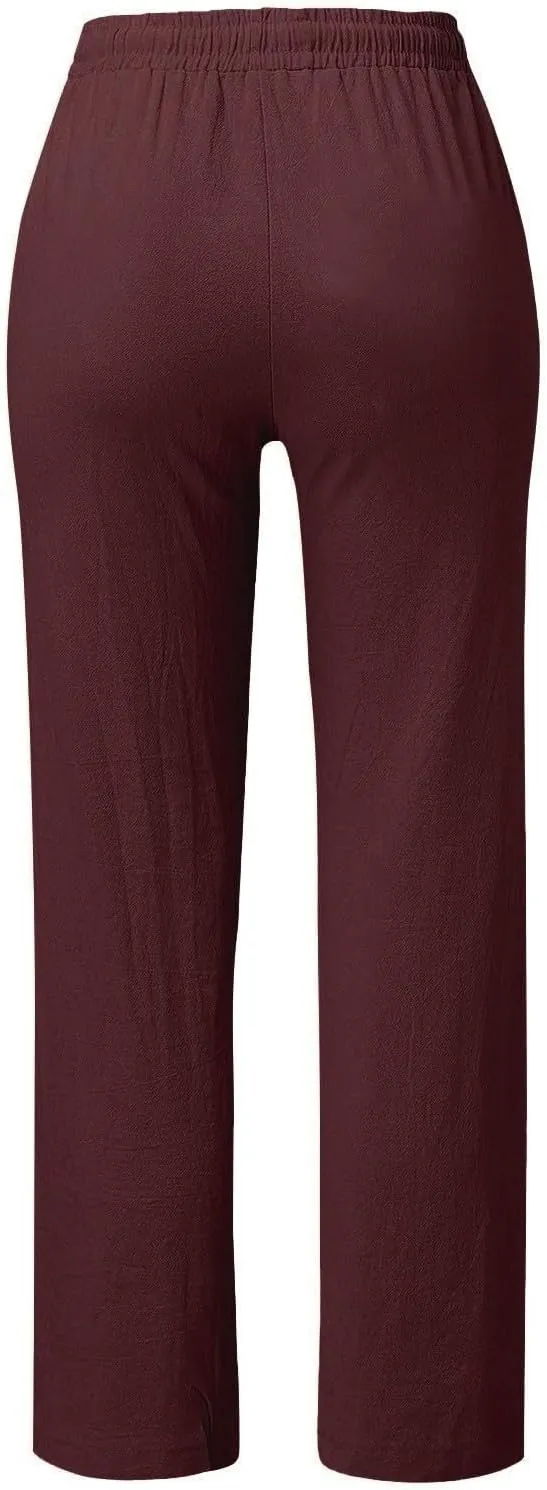 Womens Linen Pants Drawstring High Waisted Relaxed Fit Dress Pants Comfy Straight Leg Work Pants with Pockets