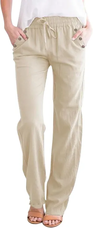 Womens Linen Pants Drawstring High Waisted Relaxed Fit Dress Pants Comfy Straight Leg Work Pants with Pockets