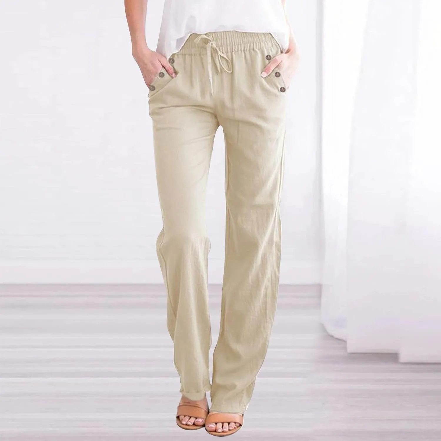 Womens Linen Pants Drawstring High Waisted Relaxed Fit Dress Pants Comfy Straight Leg Work Pants with Pockets