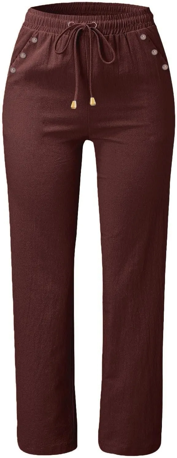 Womens Linen Pants Drawstring High Waisted Relaxed Fit Dress Pants Comfy Straight Leg Work Pants with Pockets